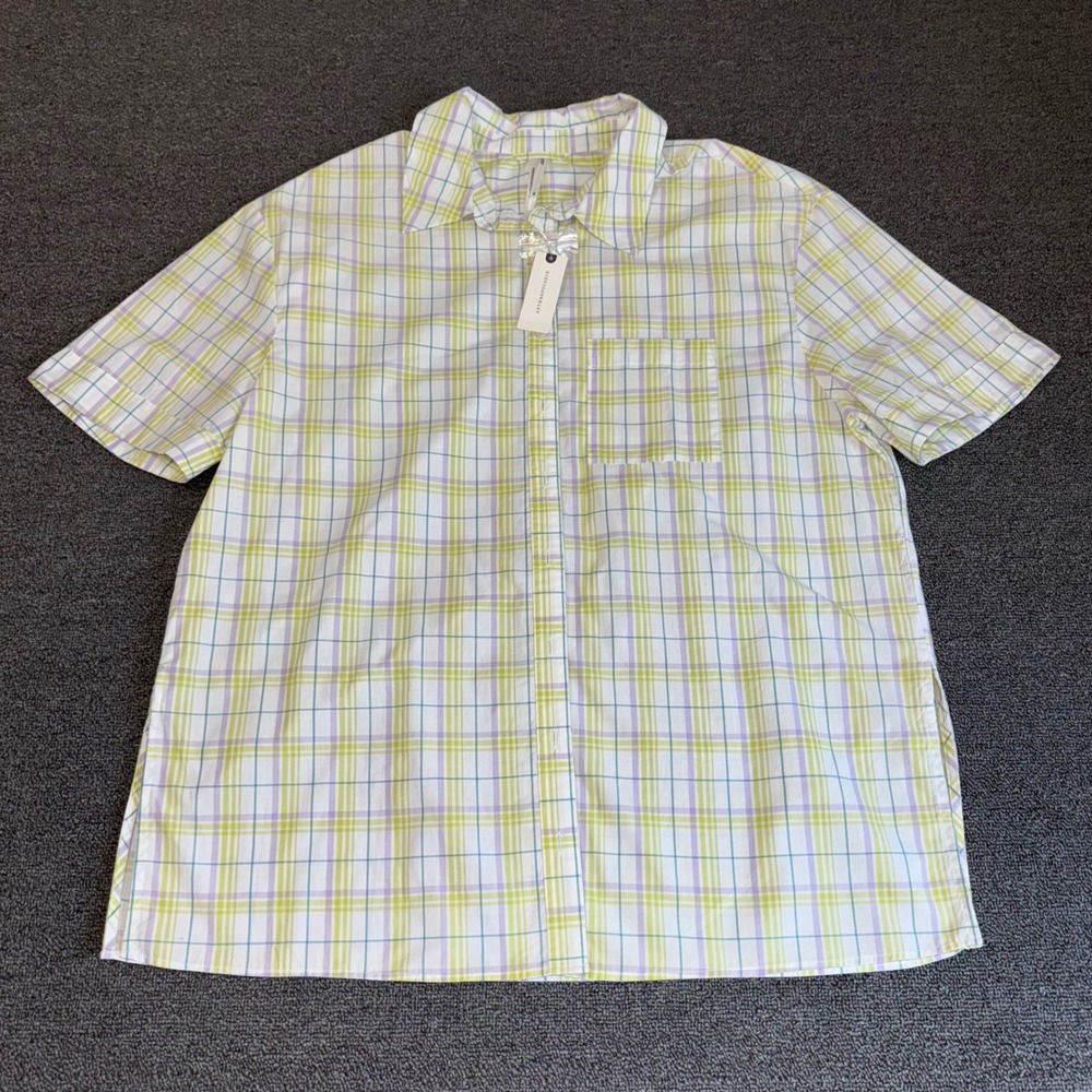 Anthropologie Plaid Short Sleeve Button Down Shirt Green Purple Cotton Womens XS